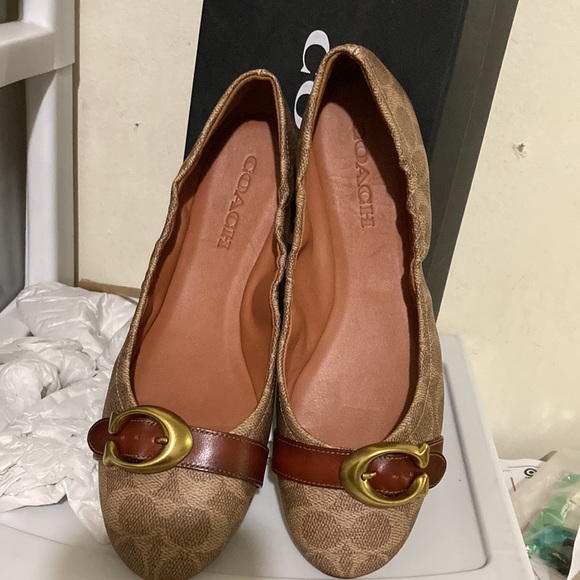 Coach Statonbelt signature buckle coated canvas tan rust leather trim flats - Picture 7 of 8